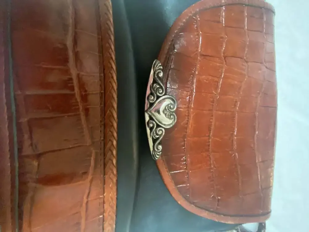 Vintage Brighton Melanie Leather Crossbody Bucket Bag in Black and Brown Croc